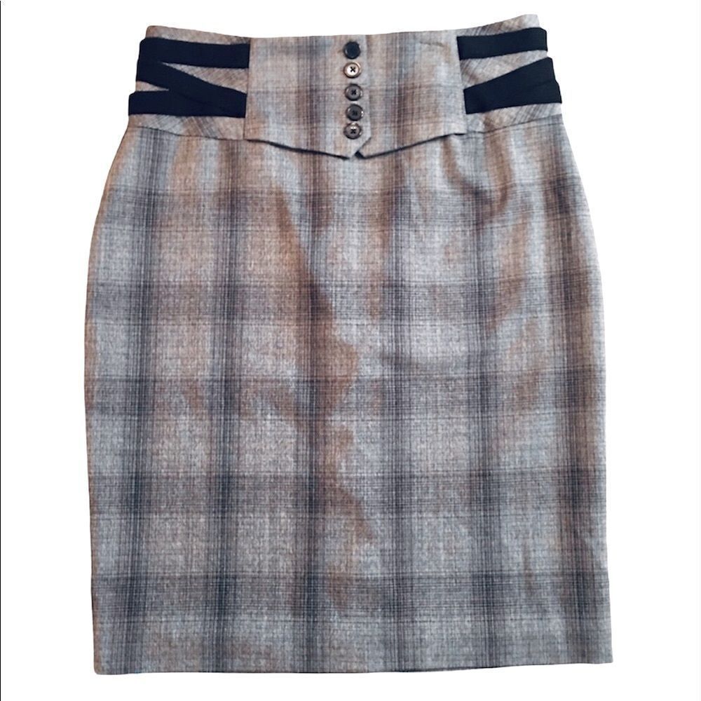 Worthington Slimming Accent Waist Gray Black Pane Tweed Skirt